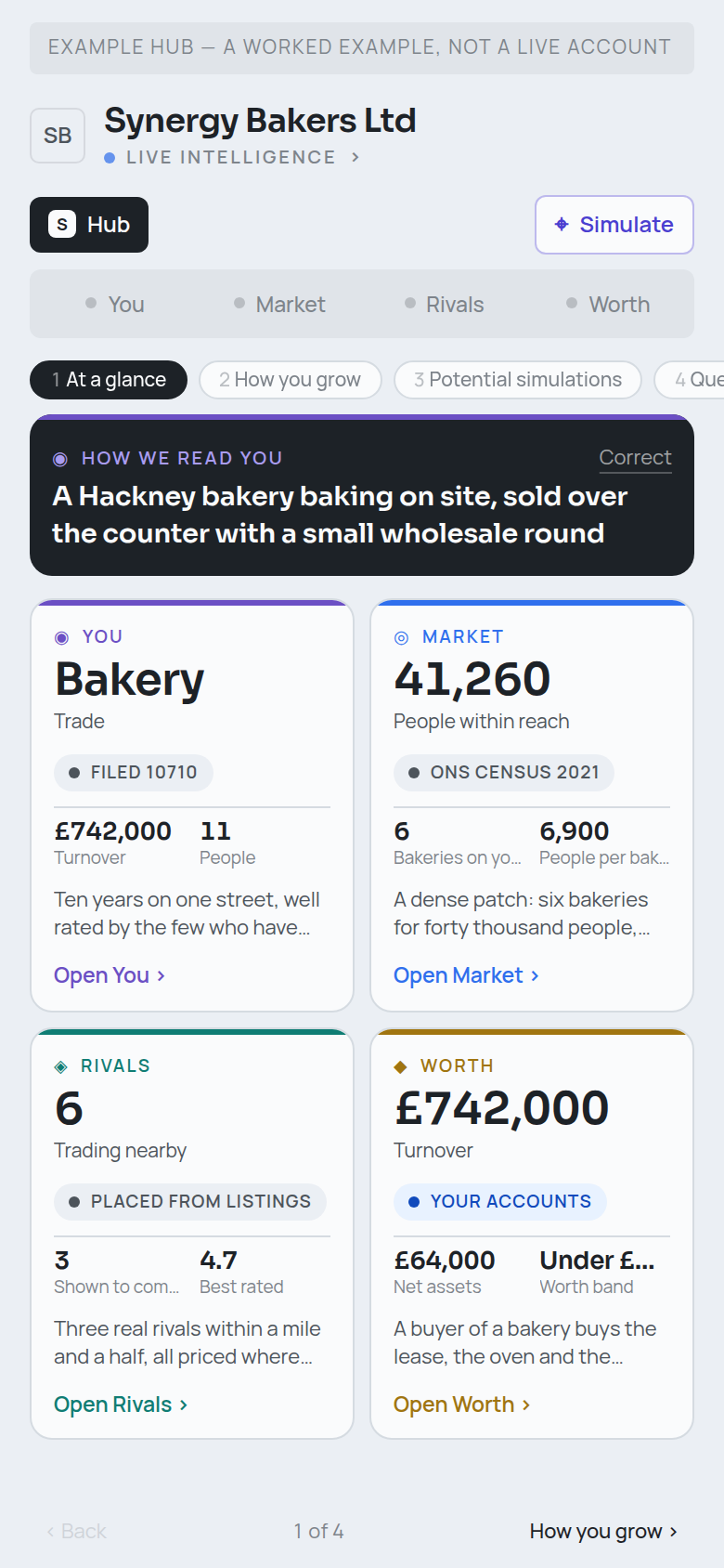 The Synergy Hub at a glance: how we read the business, and one card each for you, your market, your rivals and your worth